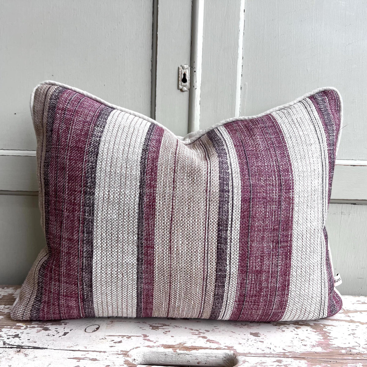 Fermoie Carskiey Broad Stripe Designer Burgundy Beige Linen Cushion Pillow Cover
