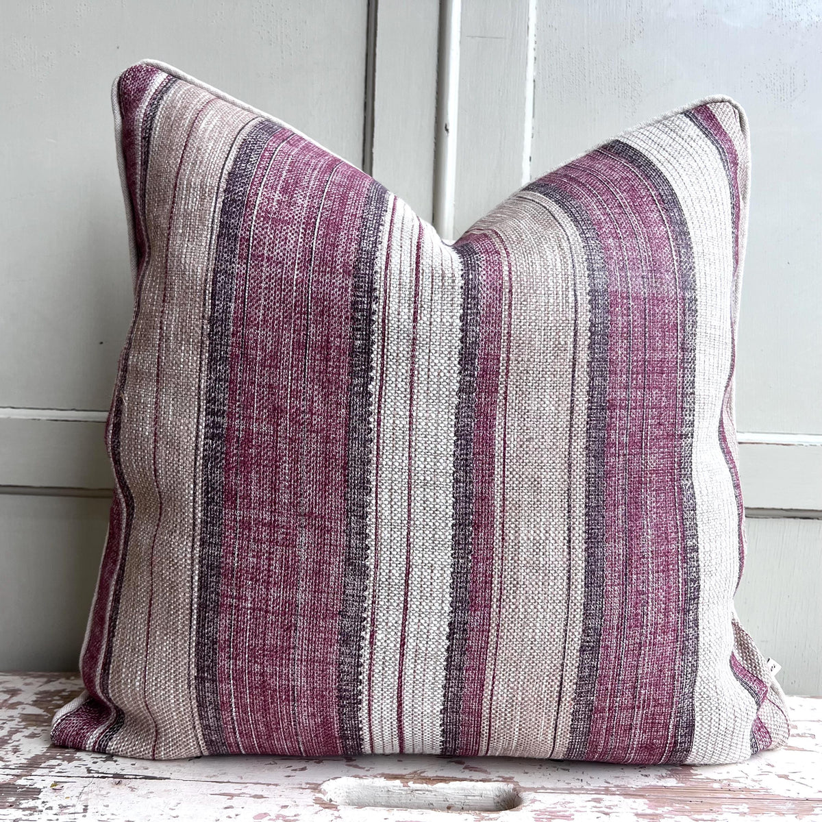 Fermoie Carskiey Broad Stripe Designer Burgundy Beige Linen Cushion Pillow Cover