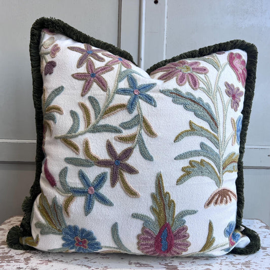 Coromandel Sissinghurst Crewel Heritage Cushion Cover Fringe Natural Handloom