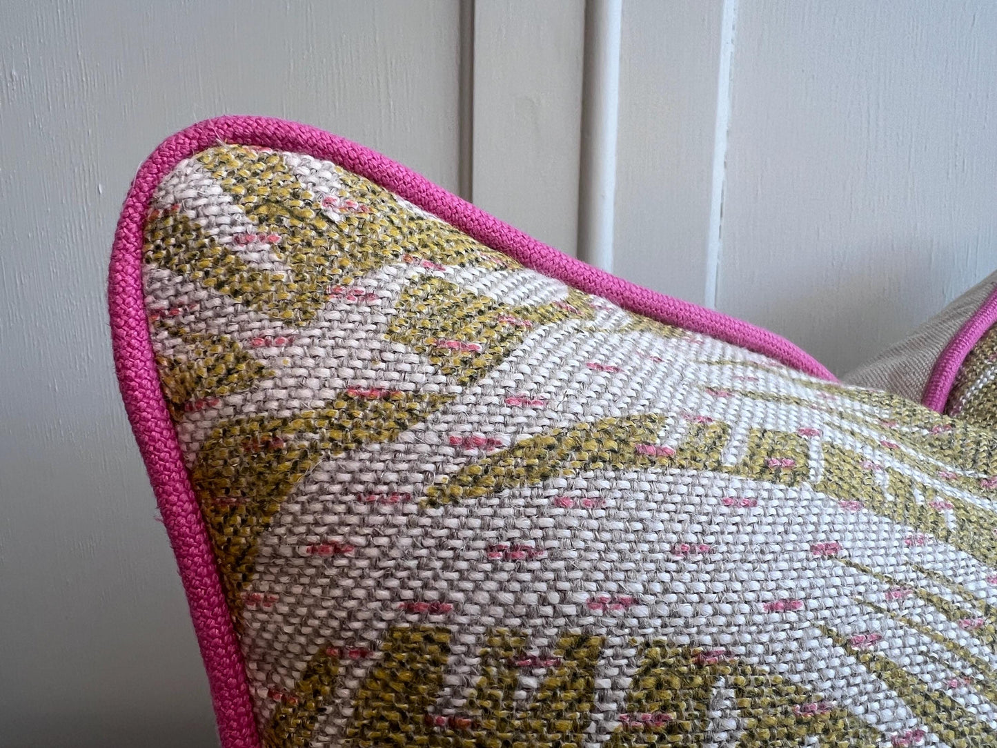 Cushions Made in Fermoie Savernake Linen Cushion Cover: Chartreuse Yellow Green Pillow With Bright Pink Piping