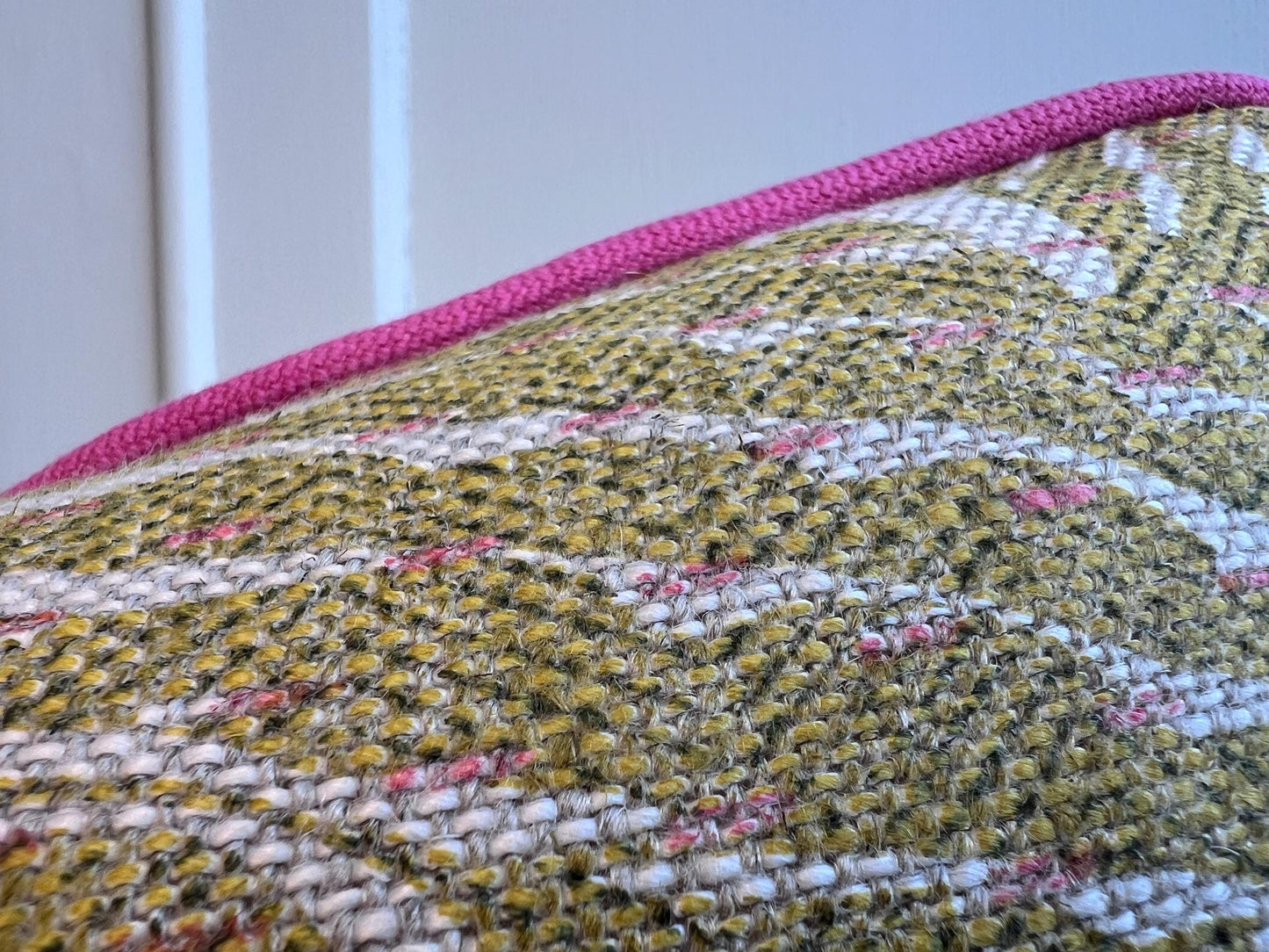 Cushions Made in Fermoie Savernake Linen Cushion Cover: Chartreuse Yellow Green Pillow With Bright Pink Piping