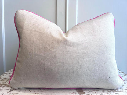 Cushions Made in Fermoie Savernake Linen Cushion Cover: Chartreuse Yellow Green Pillow With Bright Pink Piping