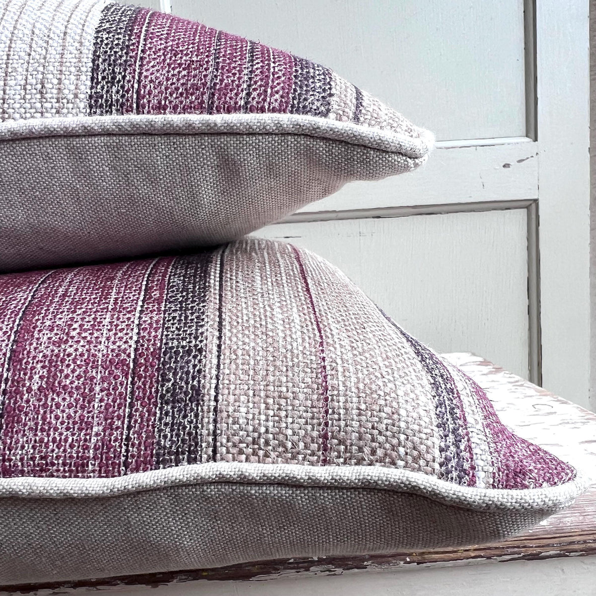 Fermoie Carskiey Broad Stripe Designer Burgundy Beige Linen Cushion Pillow Cover