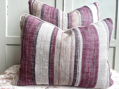 Fermoie Carskiey Broad Stripe Designer Burgundy Beige Linen Cushion Pillow Cover