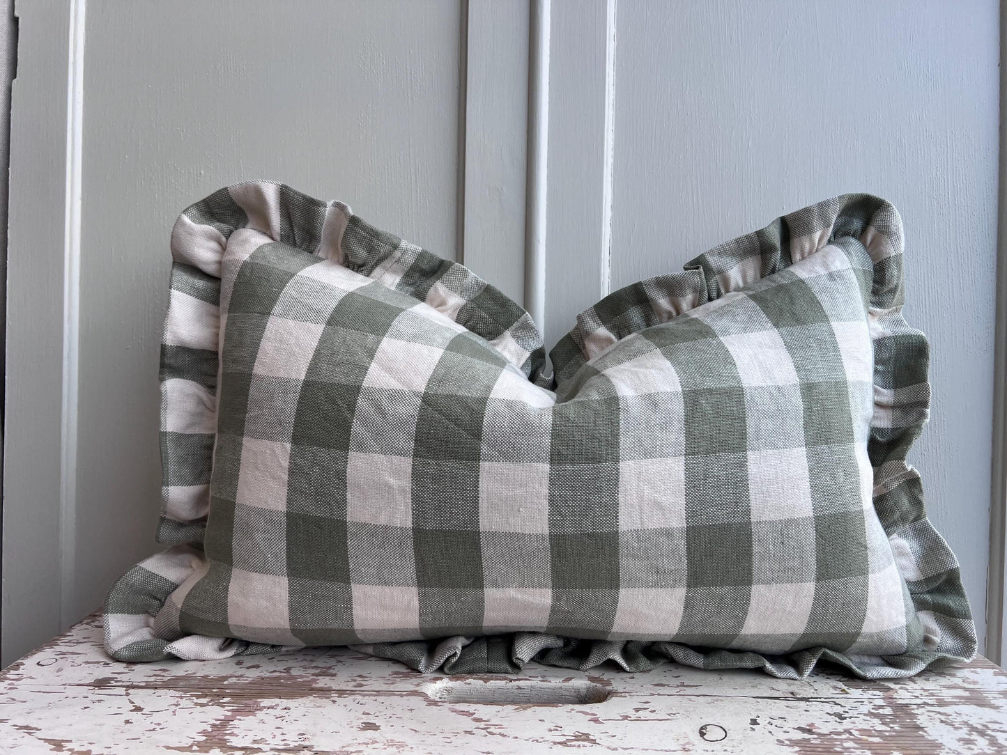 Cushions Made Linen Cotton Luxury Designer Pale Green Check Cushion Pillow Throw Cover Green Ruffle Frill