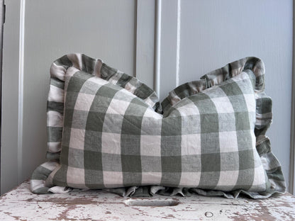 Cushions Made Linen Cotton Luxury Designer Pale Green Check Cushion Pillow Throw Cover Green Ruffle Frill