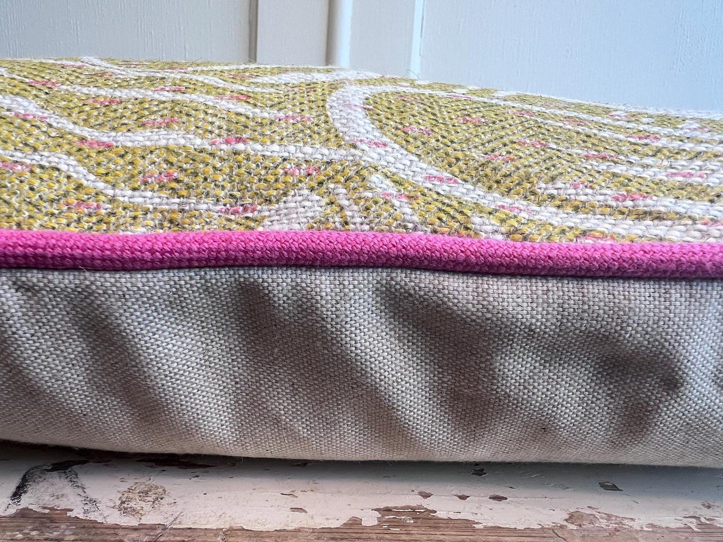 Cushions Made in Fermoie Savernake Linen Cushion Cover: Chartreuse Yellow Green Pillow With Bright Pink Piping