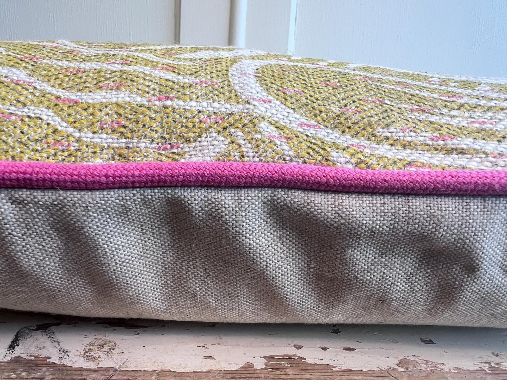 Cushions Made in Fermoie Savernake Linen Cushion Cover: Chartreuse Yellow Green Pillow With Bright Pink Piping