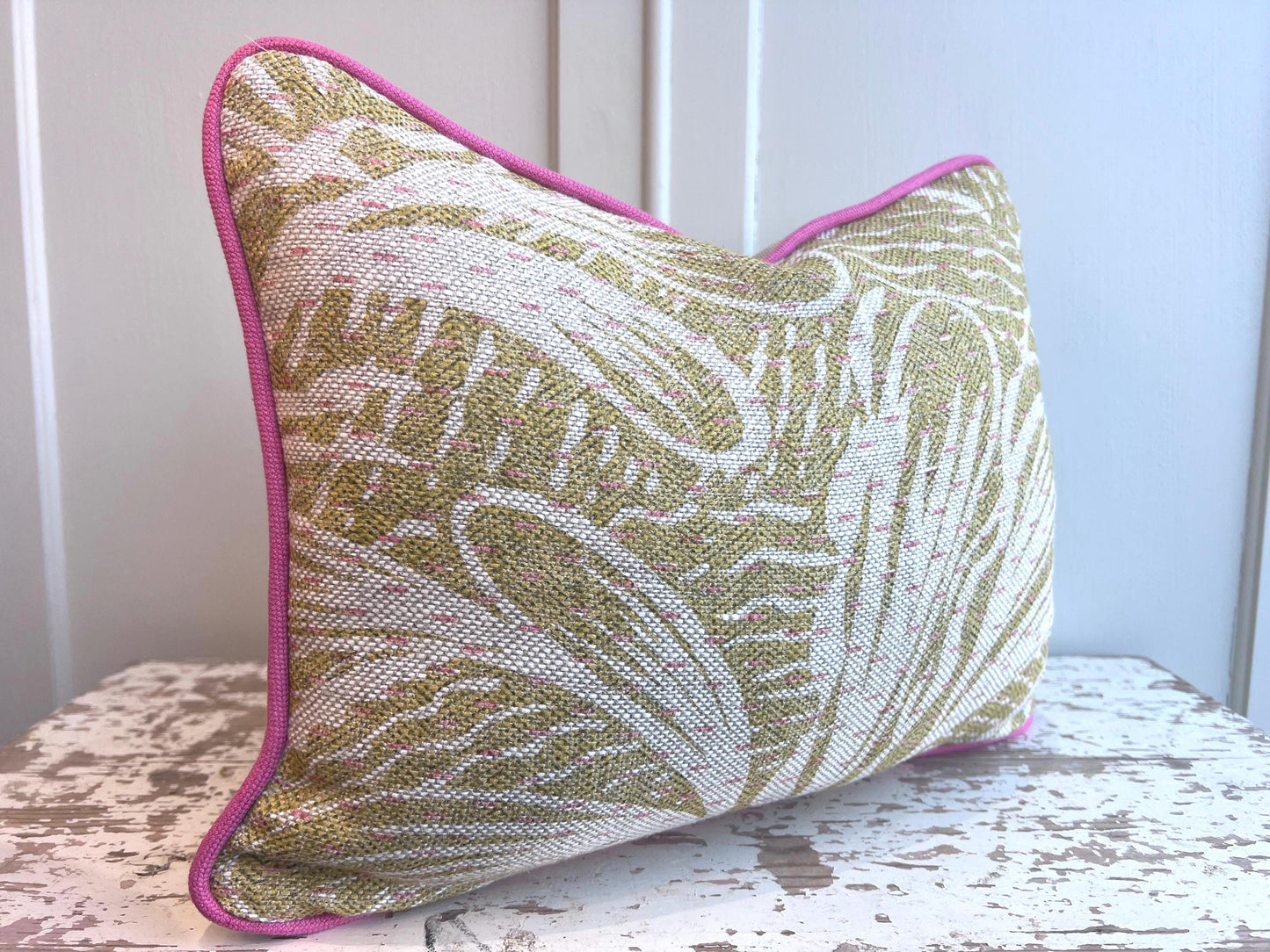 Cushions Made in Fermoie Savernake Linen Cushion Cover: Chartreuse Yellow Green Pillow With Bright Pink Piping