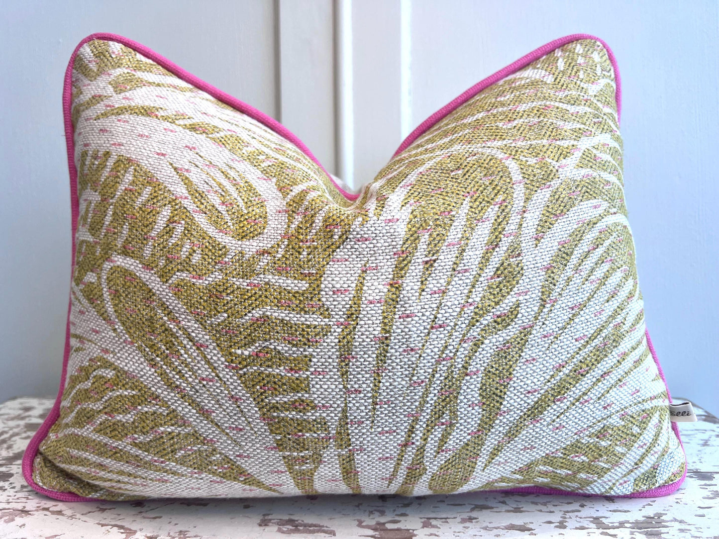 Cushions Made in Fermoie Savernake Linen Cushion Cover: Chartreuse Yellow Green Pillow With Bright Pink Piping