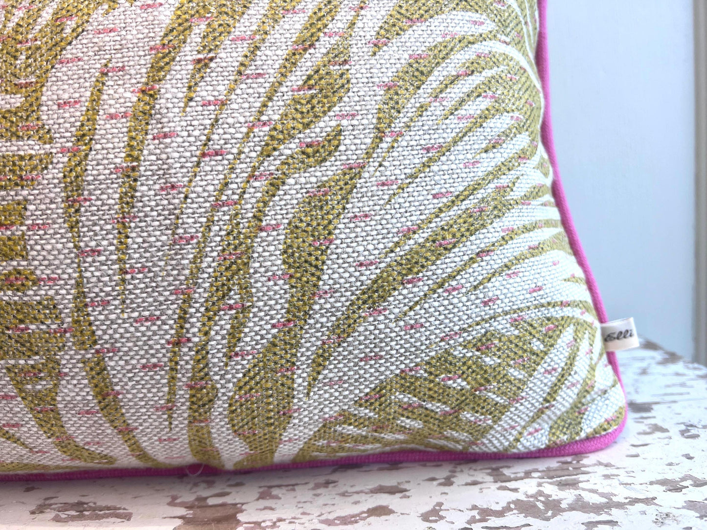 Cushions Made in Fermoie Savernake Linen Cushion Cover: Chartreuse Yellow Green Pillow With Bright Pink Piping
