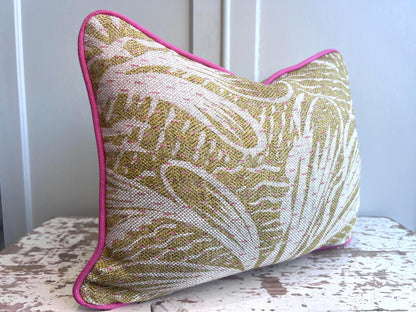 Cushions Made in Fermoie Savernake Linen Cushion Cover: Chartreuse Yellow Green Pillow With Bright Pink Piping