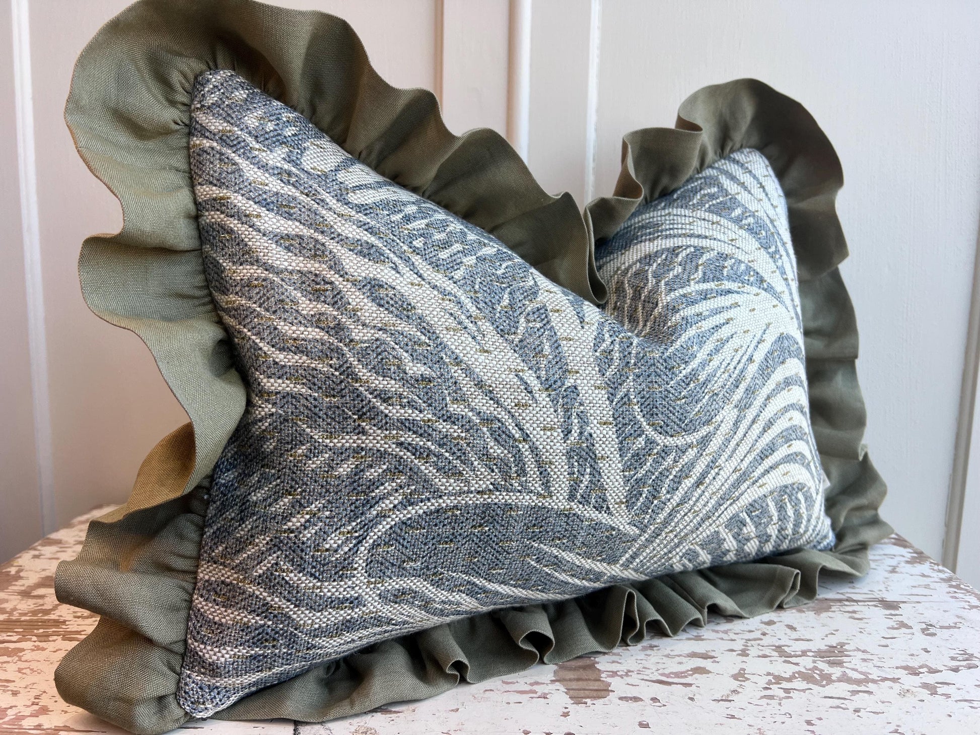 Cushions Made In Fermoie Savernake Linen Luxury Designer Decorative Pale Blue Cushion Pillow Throw Cover Green Ruffle Frill