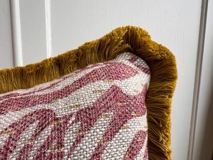 Cushions made in Fermoie Savernake Linen Cushion Cover Burgundy Red Designer Pillow With Mustard Brush Fringe.
