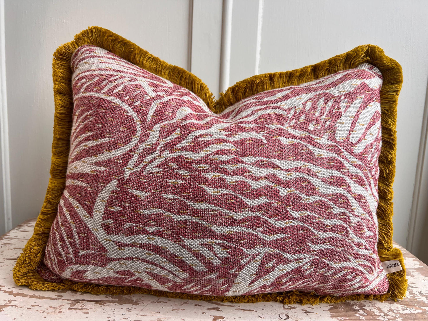 Cushions made in Fermoie Savernake Linen Cushion Cover Burgundy Red Designer Pillow With Mustard Brush Fringe.