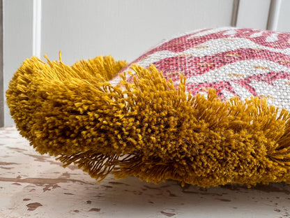 Cushions made in Fermoie Savernake Linen Cushion Cover Burgundy Red Designer Pillow With Mustard Brush Fringe.