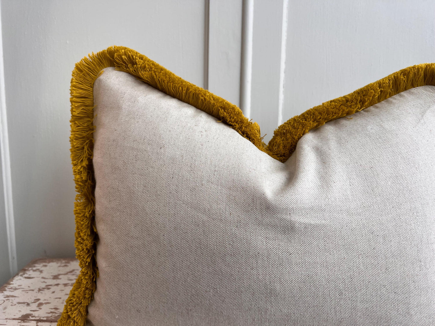 Cushions made in Fermoie Savernake Linen Cushion Cover Burgundy Red Designer Pillow With Mustard Brush Fringe.