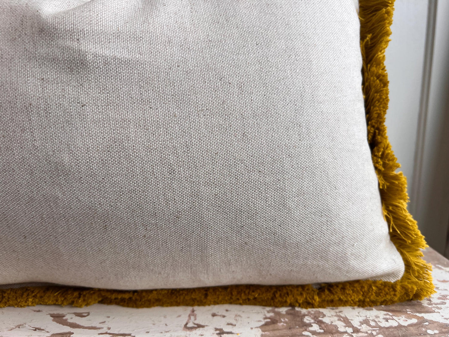 Cushions made in Fermoie Savernake Linen Cushion Cover Burgundy Red Designer Pillow With Mustard Brush Fringe.