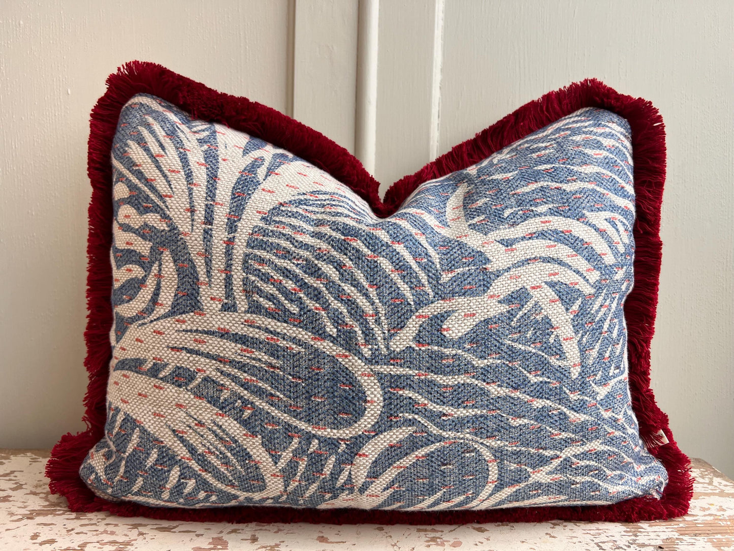 Cushions Made in Fermoie Savernake Fabric Designer Decorative Rich Blue Linen Cushion Pillow Throw Cover With Red Brush Fringe