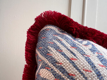 Cushions Made in Fermoie Savernake Fabric Designer Decorative Rich Blue Linen Cushion Pillow Throw Cover With Red Brush Fringe