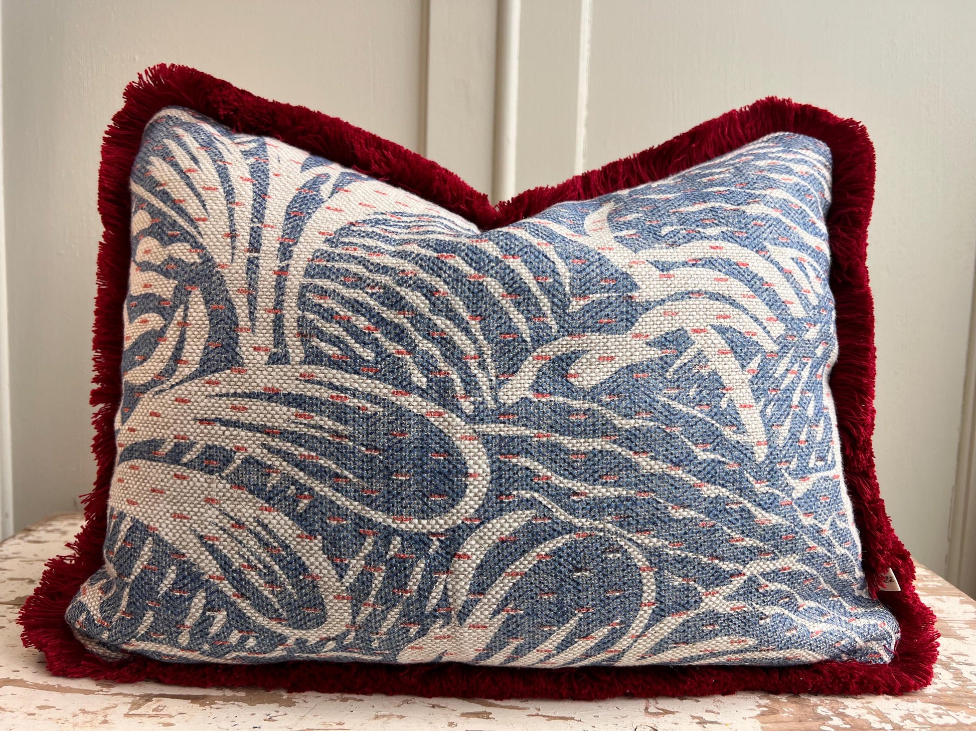 Cushions Made in Fermoie Savernake Fabric Designer Decorative Rich Blue Linen Cushion Pillow Throw Cover With Red Brush Fringe