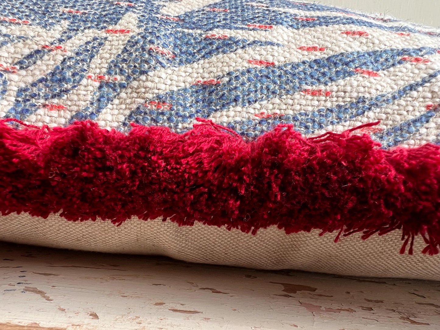 Cushions Made in Fermoie Savernake Fabric Designer Decorative Rich Blue Linen Cushion Pillow Throw Cover With Red Brush Fringe