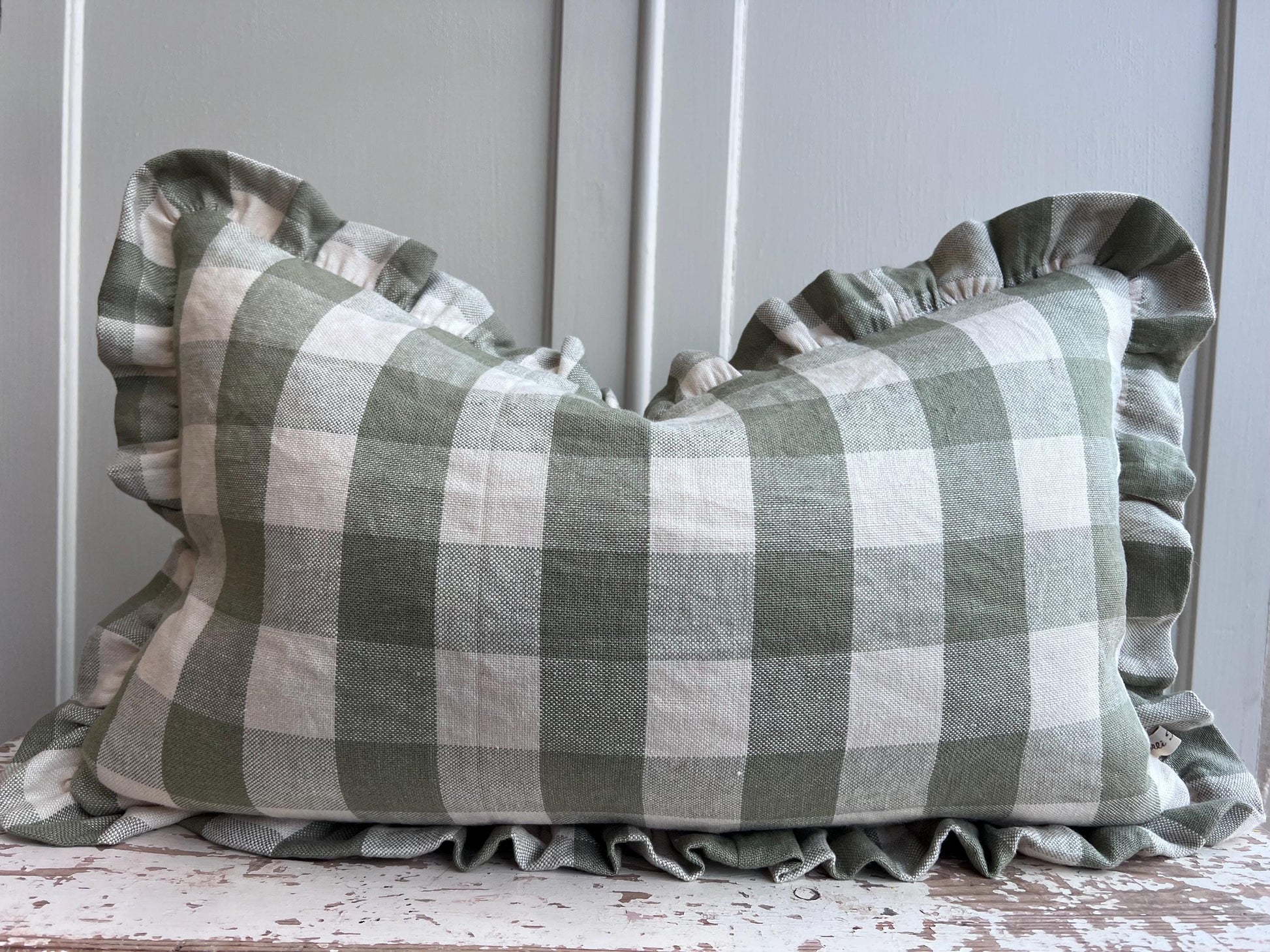 Cushions Made Linen Cotton Luxury Designer Pale Green Check Cushion Pillow Throw Cover Green Ruffle Frill