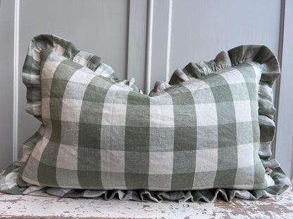 Cushions Made Linen Cotton Luxury Designer Pale Green Check Cushion Pillow Throw Cover Green Ruffle Frill