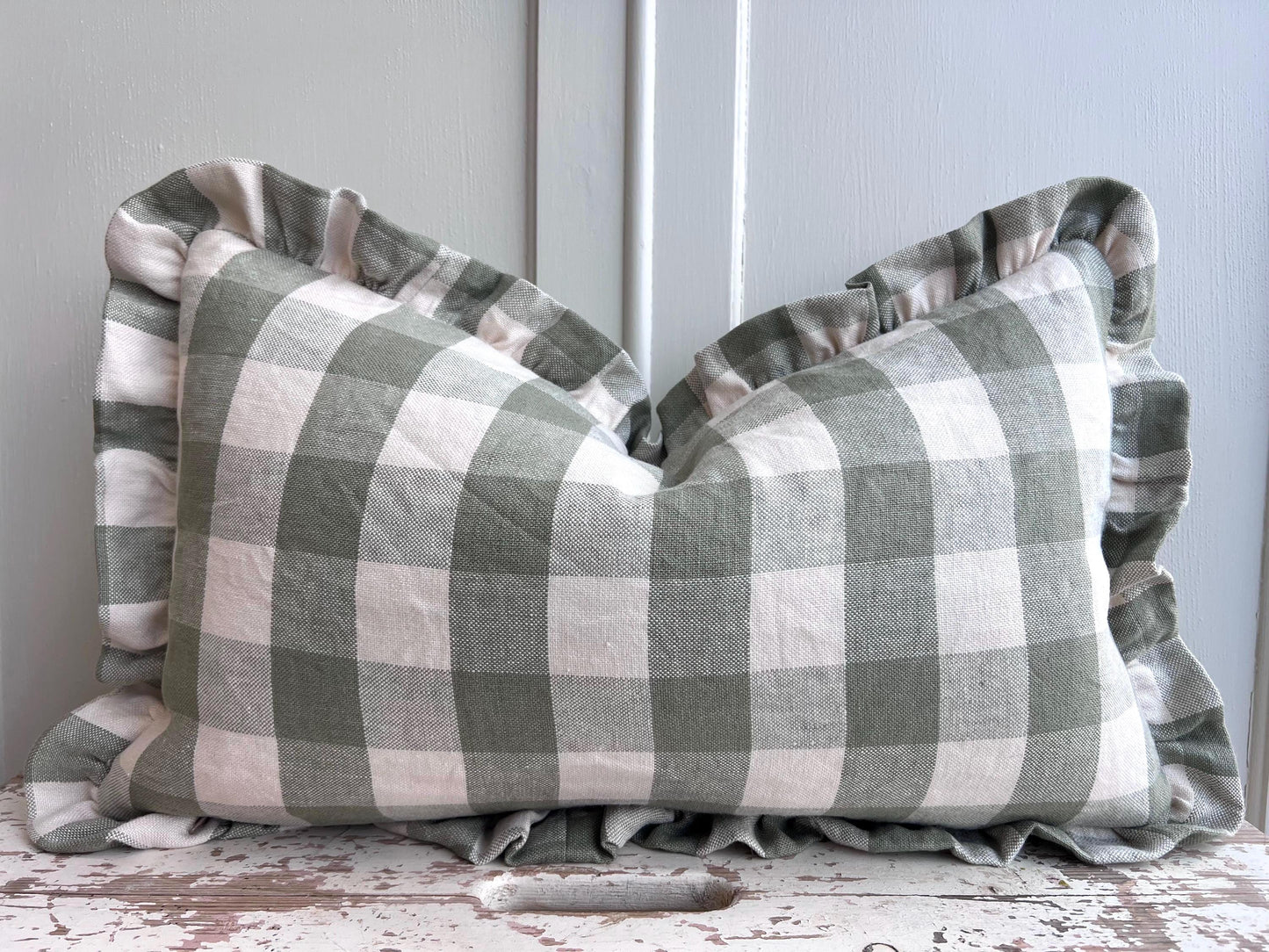Cushions Made Linen Cotton Luxury Designer Pale Green Check Cushion Pillow Throw Cover Green Ruffle Frill