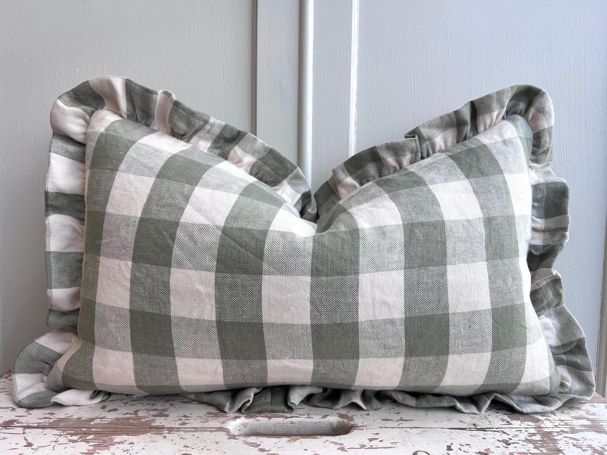 Cushions Made Linen Cotton Luxury Designer Pale Green Check Cushion Pillow Throw Cover Green Ruffle Frill