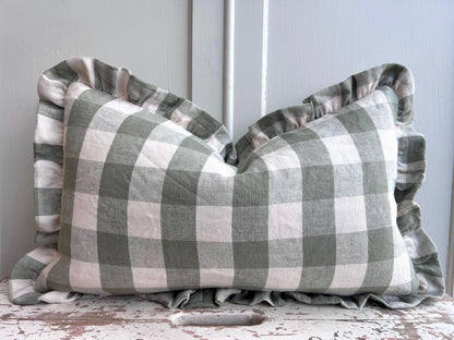 Cushions Made Linen Cotton Luxury Designer Pale Green Check Cushion Pillow Throw Cover Green Ruffle Frill