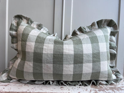 Cushions Made Linen Cotton Luxury Designer Pale Green Check Cushion Pillow Throw Cover Green Ruffle Frill