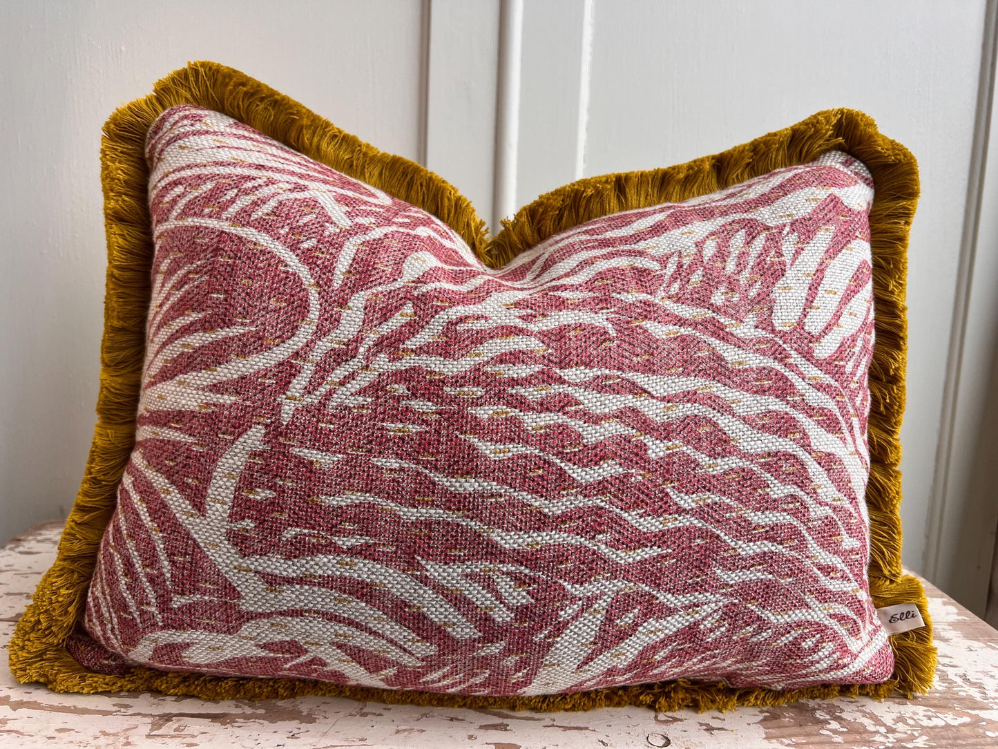 Cushions made in Fermoie Savernake Linen Cushion Cover Burgundy Red Designer Pillow With Mustard Brush Fringe.