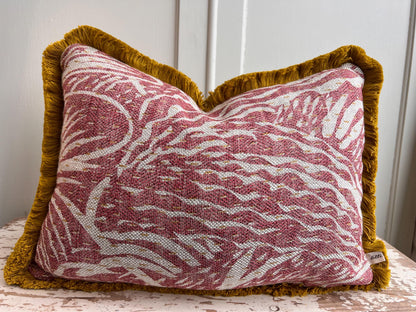 Cushions made in Fermoie Savernake Linen Cushion Cover Burgundy Red Designer Pillow With Mustard Brush Fringe.