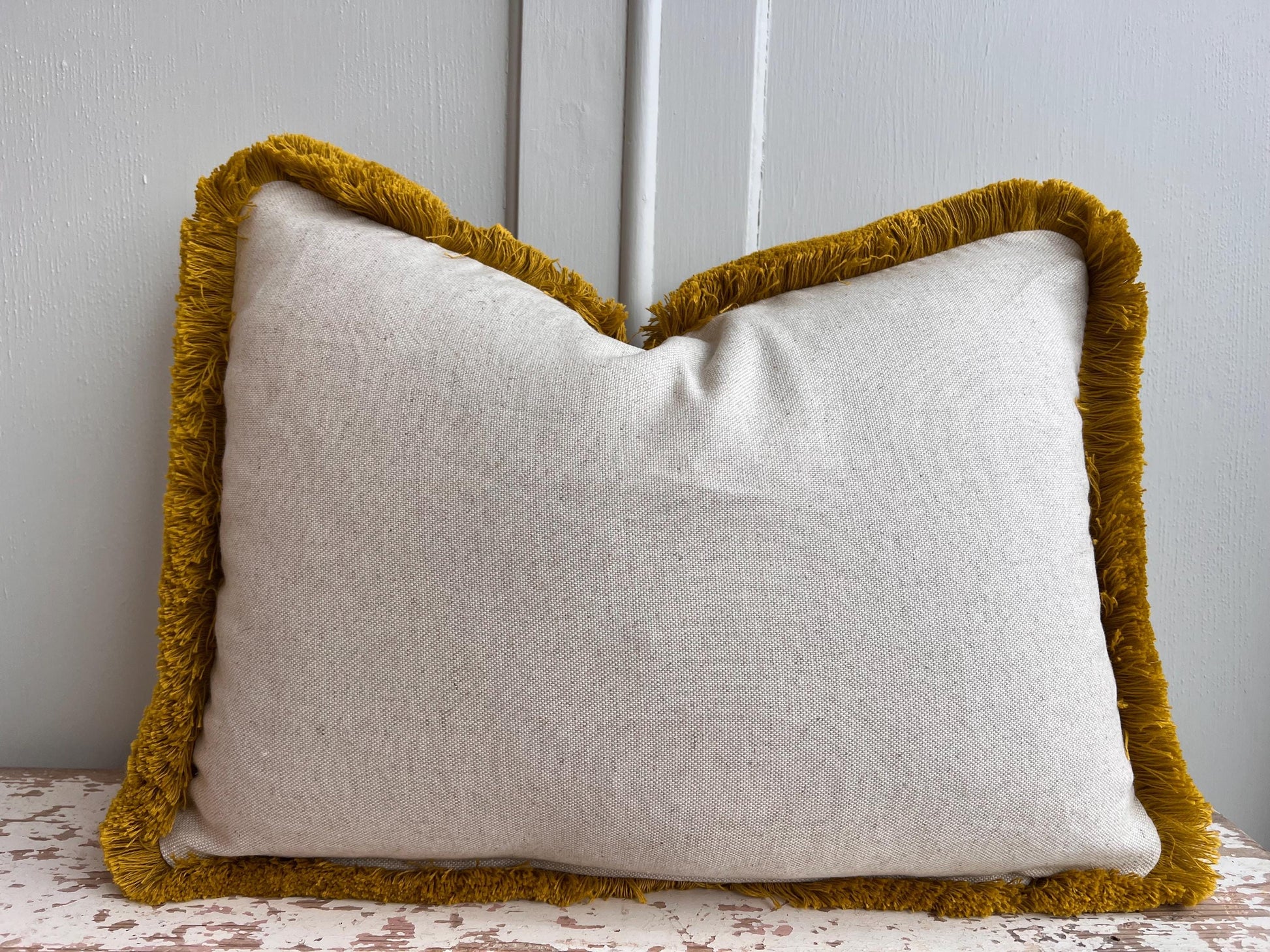 Cushions made in Fermoie Savernake Linen Cushion Cover Burgundy Red Designer Pillow With Mustard Brush Fringe.