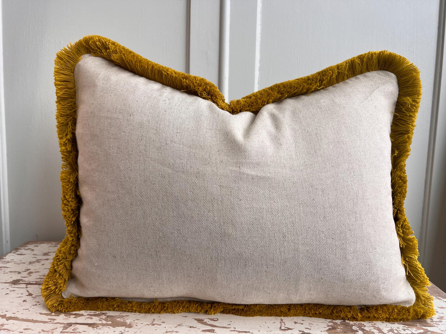 Cushions made in Fermoie Savernake Linen Cushion Cover Burgundy Red Designer Pillow With Mustard Brush Fringe.