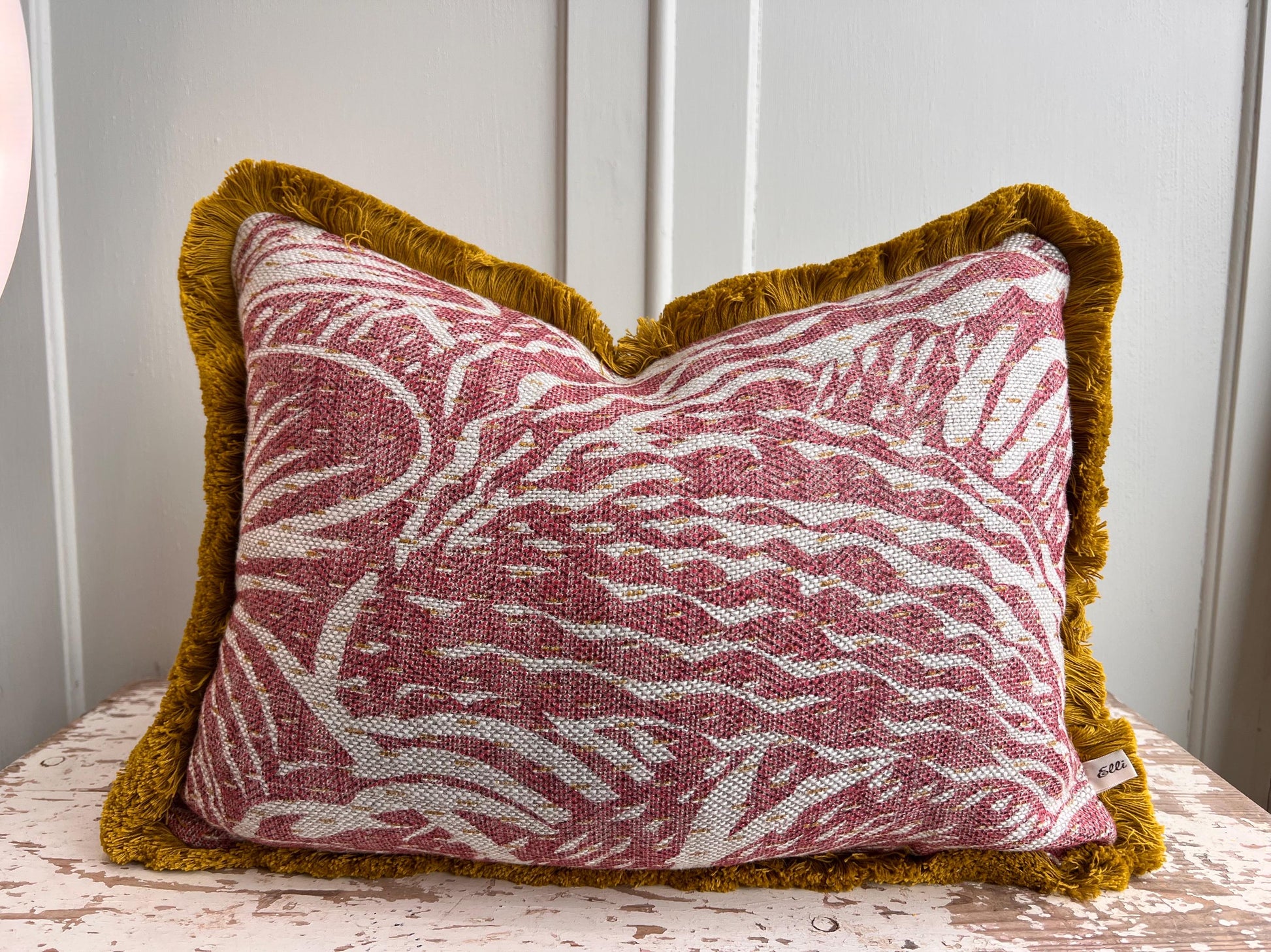 Cushions made in Fermoie Savernake Linen Cushion Cover Burgundy Red Designer Pillow With Mustard Brush Fringe.