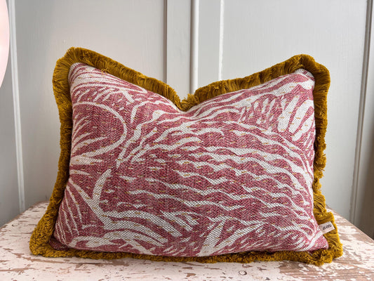 Cushions made in Fermoie Savernake Linen Cushion Cover Burgundy Red Designer Pillow With Mustard Brush Fringe.