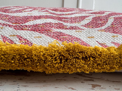 Cushions made in Fermoie Savernake Linen Cushion Cover Burgundy Red Designer Pillow With Mustard Brush Fringe.