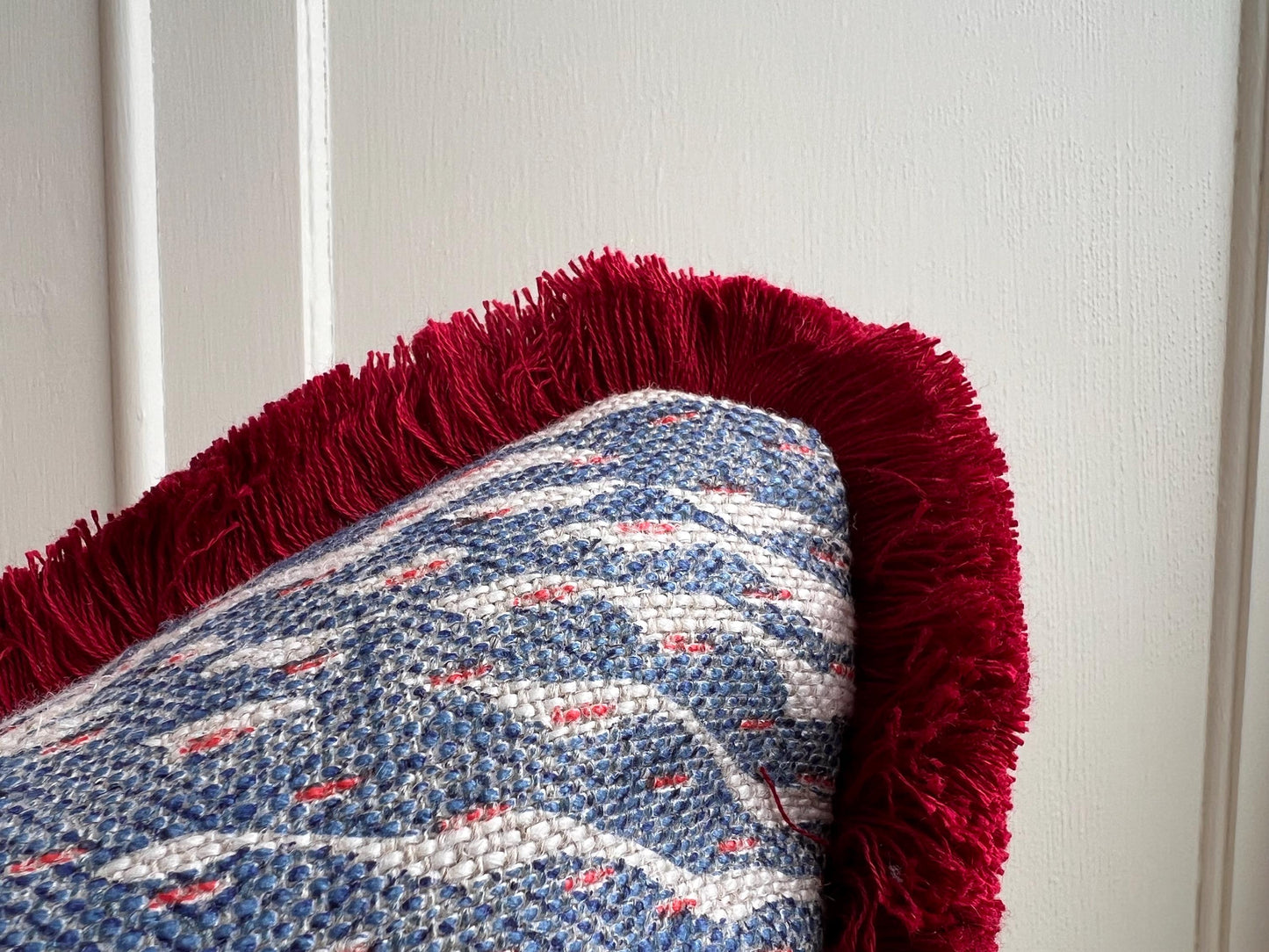 Cushions Made in Fermoie Savernake Fabric Designer Decorative Rich Blue Linen Cushion Pillow Throw Cover With Red Brush Fringe