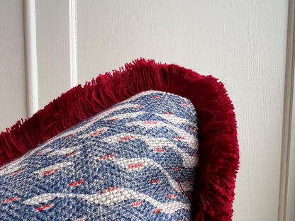 Cushions Made in Fermoie Savernake Fabric Designer Decorative Rich Blue Linen Cushion Pillow Throw Cover With Red Brush Fringe