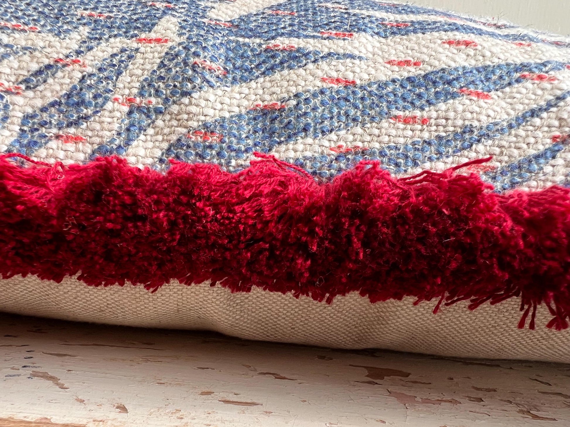 Cushions Made in Fermoie Savernake Fabric Designer Decorative Rich Blue Linen Cushion Pillow Throw Cover With Red Brush Fringe