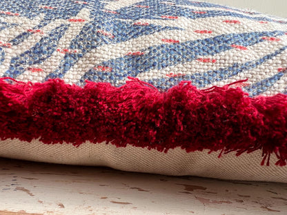 Cushions Made in Fermoie Savernake Fabric Designer Decorative Rich Blue Linen Cushion Pillow Throw Cover With Red Brush Fringe