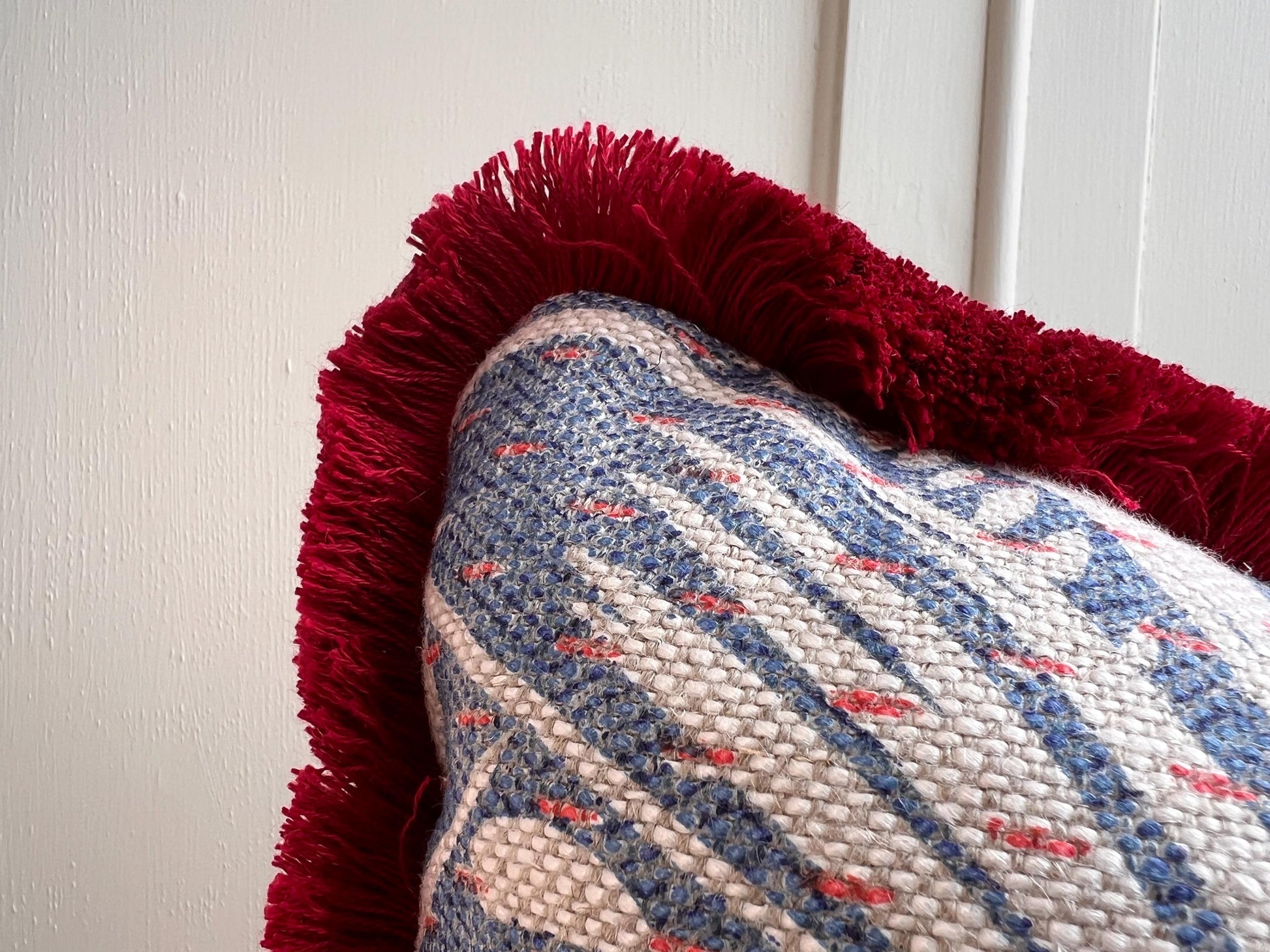 Cushions Made in Fermoie Savernake Fabric Designer Decorative Rich Blue Linen Cushion Pillow Throw Cover With Red Brush Fringe