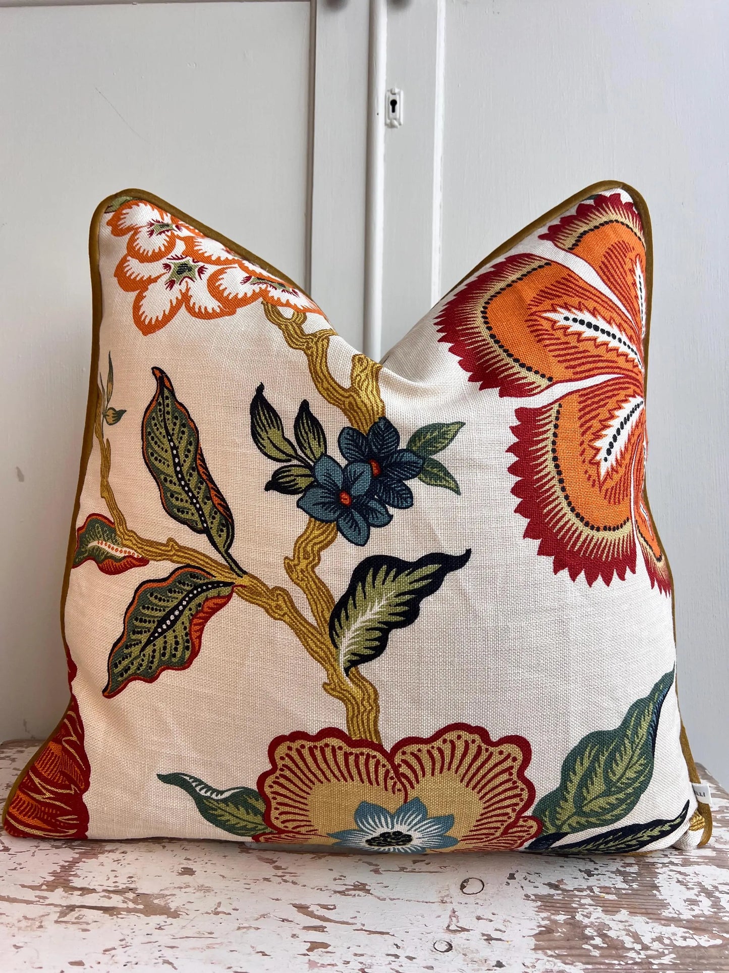 Schumacher Luxury Designer Hothouse Flowers Spark Orange Green Blue Cream Cushion Pillow Cover