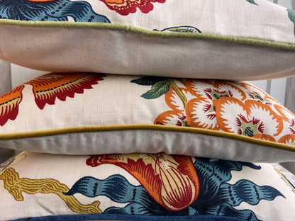 Schumacher Luxury Designer Hothouse Flowers Spark Orange Green Blue Cream Cushion Pillow Cover Green Piping