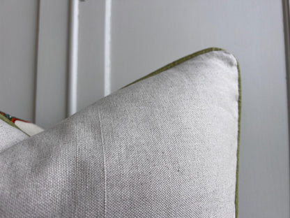 Schumacher Luxury Designer Hothouse Flowers Spark Orange Green Blue Cream Cushion Pillow Cover Green Piping