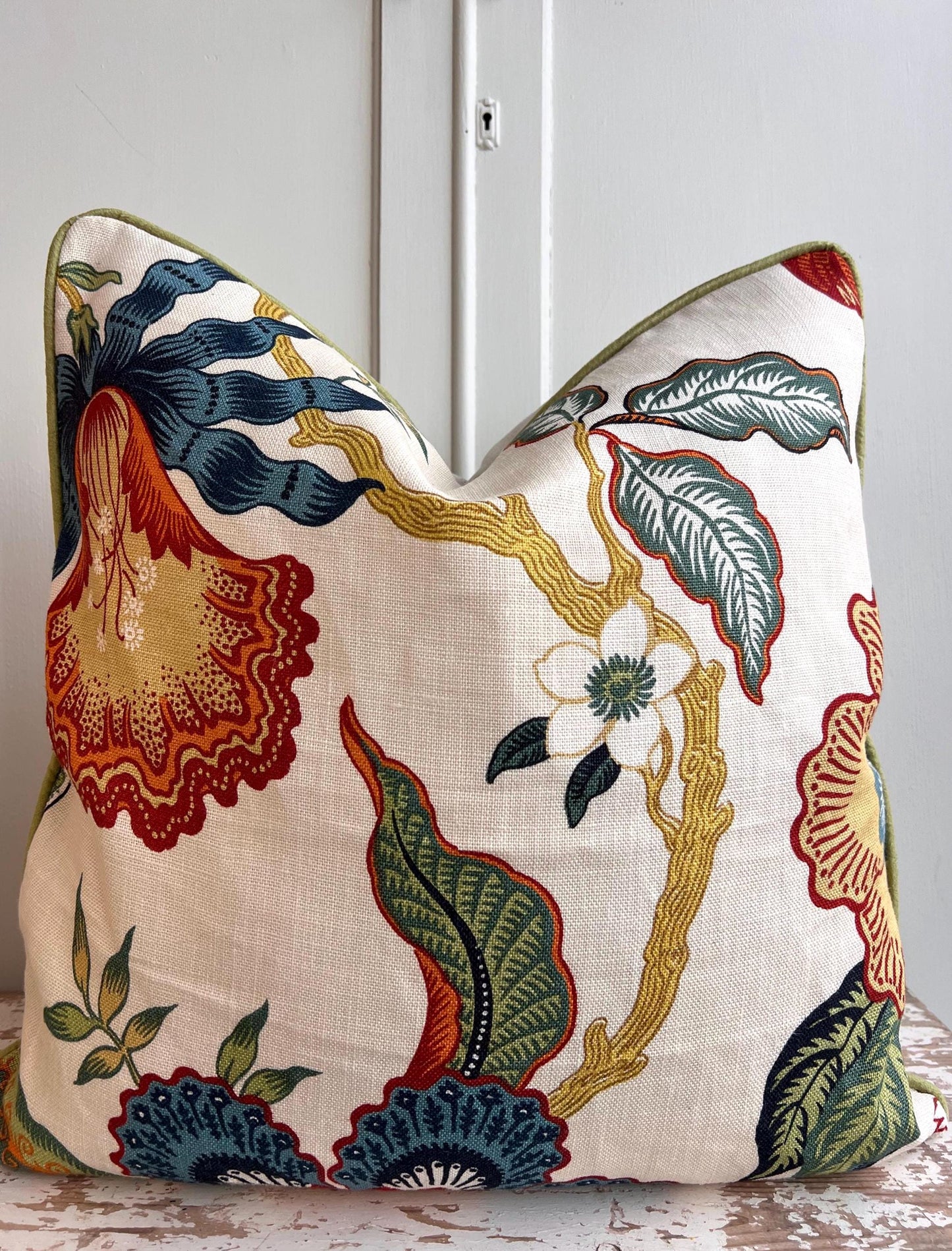Schumacher Luxury Designer Hothouse Flowers Spark Orange Green Blue Cream Cushion Pillow Cover Green Piping