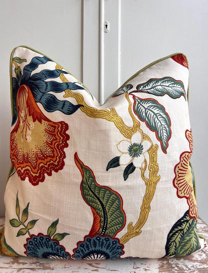 Schumacher Luxury Designer Hothouse Flowers Spark Orange Green Blue Cream Cushion Pillow Cover Green Piping