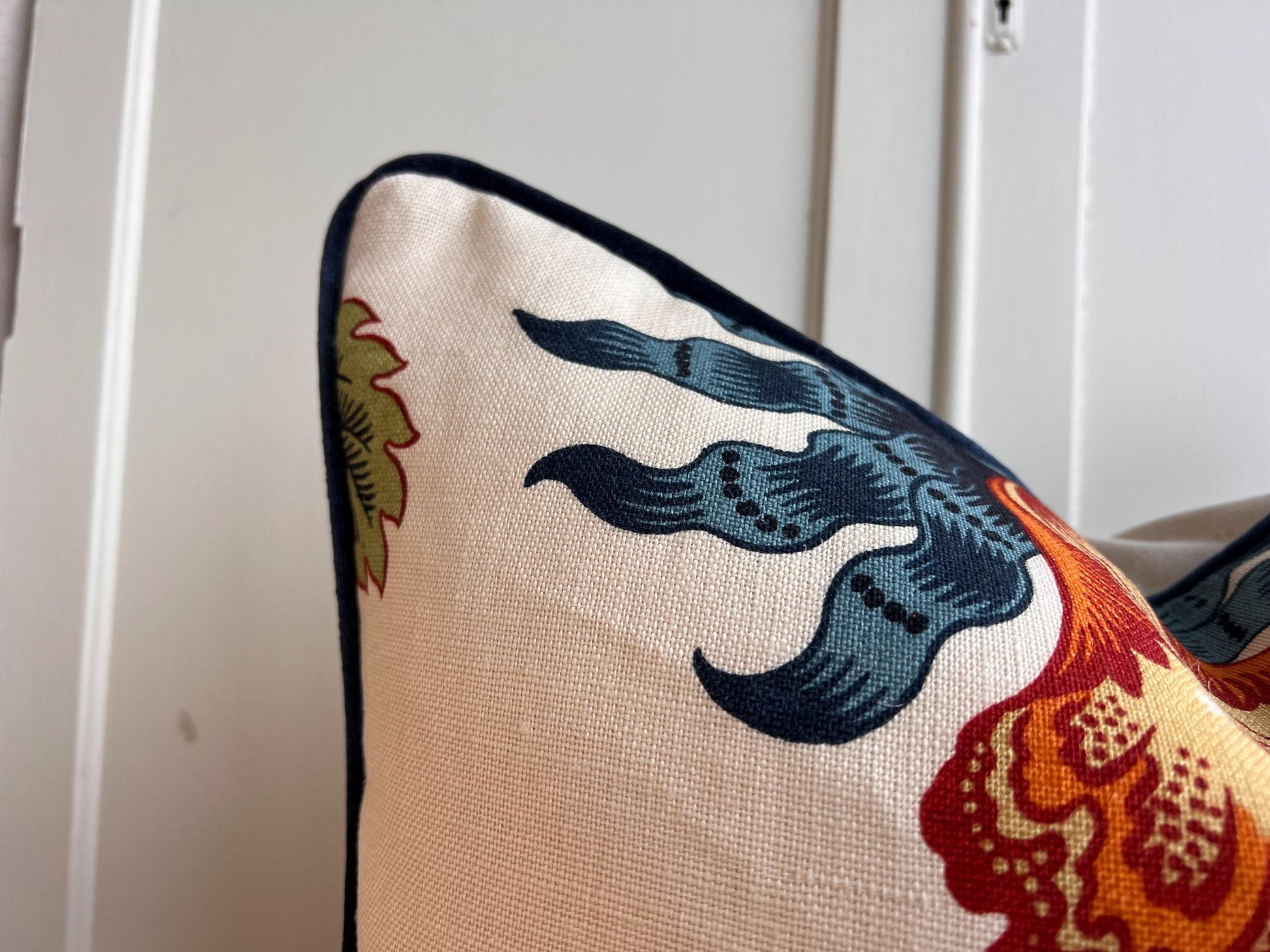 Schumacher Luxury Designer Hothouse Flowers Spark Orange Green Blue Cream Cushion Pillow Cover Navy Piping